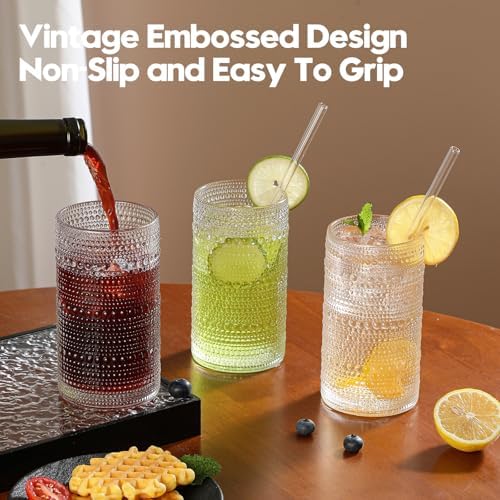 Vintage Hobnail Drinking Glasses Set of 6, 16 oz Large Capacity Embossed Clear Tumblers, Highball Glasses for Water, Cocktail, Beer, Whiskey, Kitchen & Bar Use - Image 6