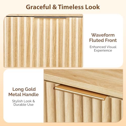VINGLI Fluted Nightstand with Drawer, 19" W Mid Century Modern Nightstand for Bedroom, Bedside Table, End Tables Bedroom, Wood Night Stand, Oak, 18.9" W*14.96" D*24" H - Image 3