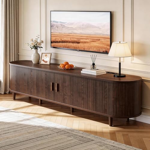 70" Mid Century Modern TV Stand with Power Outlet, Fluted Entertainment Center with Storage and Adjustable Shelves, Wood TV Console with Sliding Doors for Living Room, Walnut by Unknown