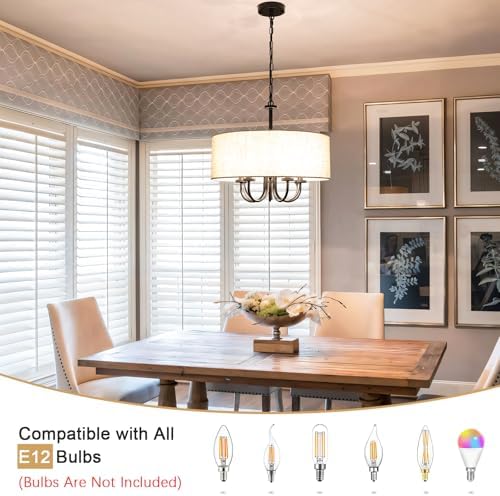 5 Lights Drum Chandelier for Dining Room 19" Modern Farmhouse Black Chandeliers with Shades Round Pendant Light Fixtures Linen Hanging Chandeliers for Bedroom Living Room Kitchen Over Table Foyer - Image 4