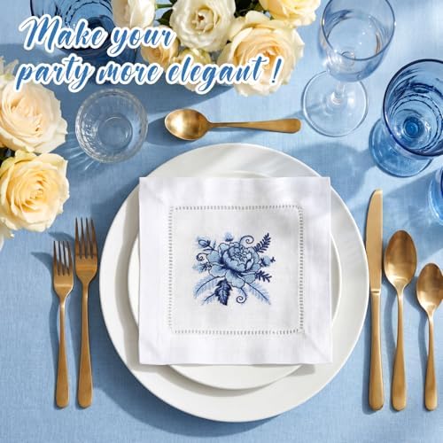 LemonRoad 6 Pcs Linen Cocktail Napkins Blue Floral Cloth Napkins Gifts for Women Embroidered Blue Floral Cotton Hemstitched Coasters for Wedding Tea Party Dining Table Decor, Washable, 6 x 6 Inch - Image 4