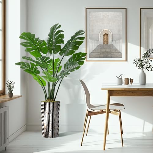 Artificial Tree in Black and Brown Striped Planter, Fake Monstera Silk Tree for Indoor and Outdoor Home Decoration - 65" Overall Tall (Plant Pot Plus Tree) - Image 6