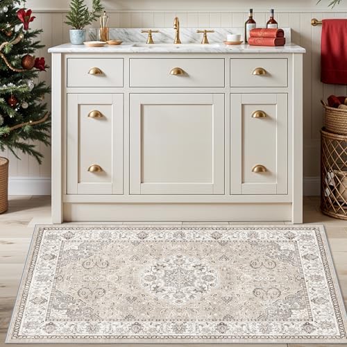 Washable Hallway 3x4 Floor Mats: Farmhouse Non-Slip Kitchen Sink Area Rug Water-Resistant Small Carpet for Living Room Bathroom Thin Soft Doormat Easy-Clean Decorative Rug for Pets Family(3x4,Beige) - Image 4