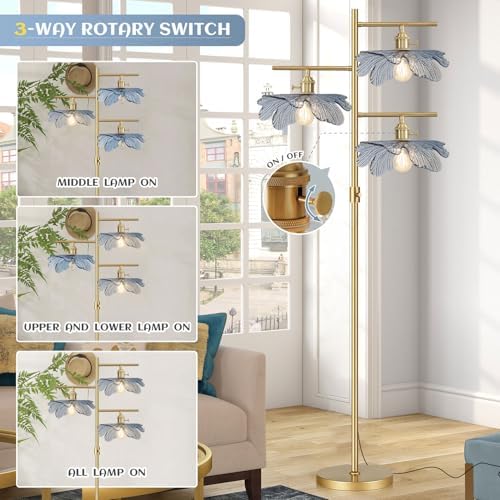 Vintage Dimmable Floor Lamp,Gold Tall Lamp for Living Room Corner,Mid Century Modern Floor Lamp Brass Tree Lamp Blue Glass Shade,Standing Lamps Floor Light for Bedroom Corner Study Office - Image 2