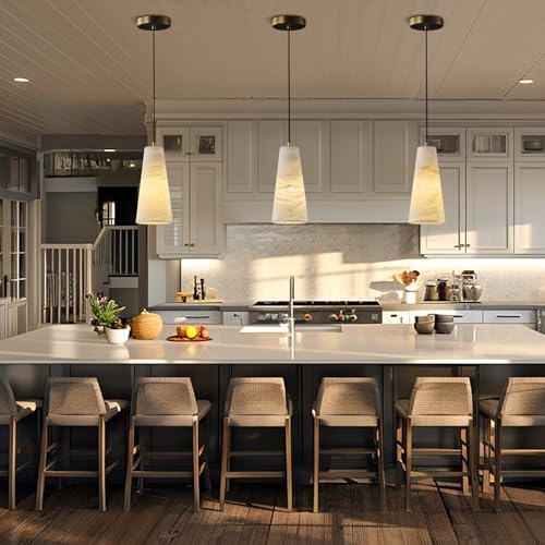 Natural Alabaster Pendant Lights Kitchen Island, H-10in White Pendant Light Fixtures, Light Pendan Marble Conical Shade Copper, for Bedroom Bathroom Dining Room Living Room (Dimmable Bulbs INCL) - Image 3