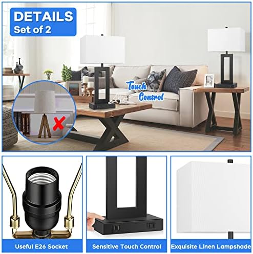 TOBUSA 22" Table Lamp Set of 2, Modern Touch Control Lamp with 2 USB Ports - Image 6