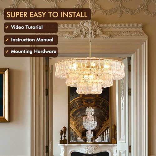 23in Large Chandelier Gold, Modern Dining Room Light Fixtures, 3 Layer Luxury Glass Chandelier 9 Light Chandeliers for Dining Room Kitchen Island Living Room (Clear Glass) - Image 2