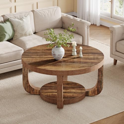 Tribesigns Round Coffee Table, 2-Tier Circle Coffee Table with Storage, Modern Wooden Accent Center Table for Living Room, Thick Tabletop & Base, Dark Brown - Image 3