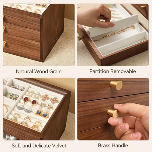 Black Walnut Jewelry Box for Women, 3 Layer Wooden Organizer with Glass Lid - Image 6