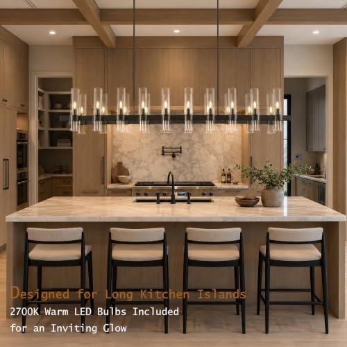 Black Linear Chandeliers for Dining Room, 68" Rectangle Chandelier with Glass, 20-Light Dining Room Chandeliers Over Table, Bronze Chandelier for Kitchen Island, Modern Pendant Light(Bulbs Included) - Image 3