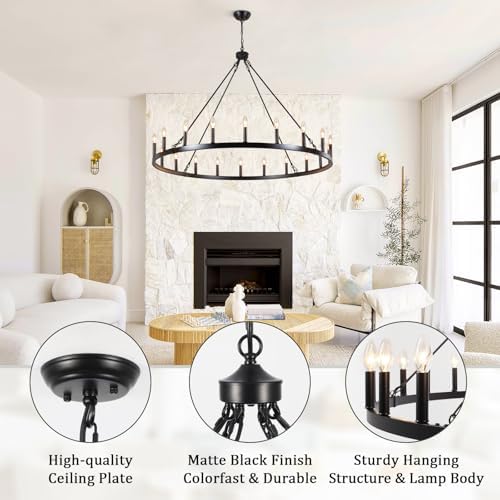 Black Wagon Wheel Chandelier, 20 Light Large Farmhouse Industrial Rustic Chandelier, 48 Inch Round Ceiling Pendant Light for Dining Room Living Room Entryway Foyer - Image 2