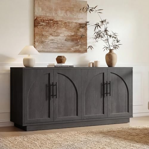 Fatmok Modular Entertainment Center & Buffet Cabinet, Extra Long Sideboard TV Stand with Arched Wooden Doors, Modern Wooden Storage Cabinet for Living Room, Black Grey(EAE,3-Piece) - Image 4