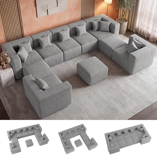 MONVANE Modular Sectional Sofa, Oversized 10 Seat Convertible U Shaped Couch with Ottoman, Comfy Chenille Deep Seat Cloud Couch, Sectional Couches for Living Room, No Assembly Required, Light Grey by MONVANE