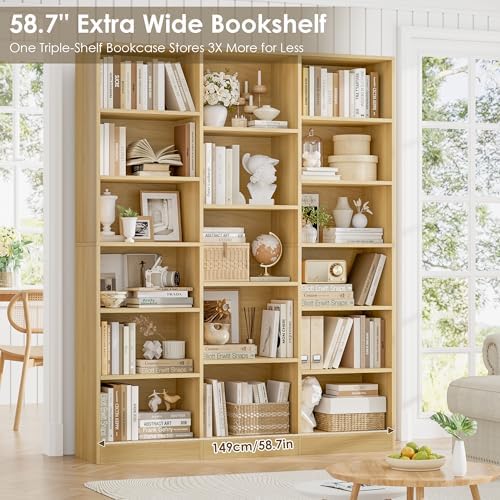 FACBOTALL Triple Wide Bookshelf, Large Bookshelf with 17 Display Shelves - Image 5