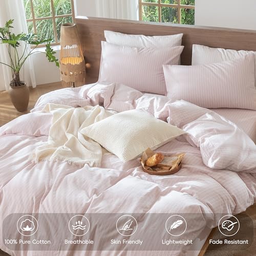 MooMee Striped Duvet Cover Set 100% Washed Cotton Linen Like Twin - Image 4