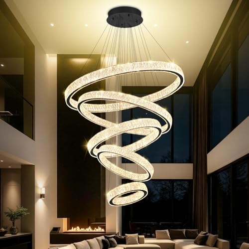 Modern Large 5 Ring Chandelier for High Ceiling Foyer, Luxury Black Crystal Ring Chandeliers Staircase Villa, D8''+15.7"+23.6"+31.5"+39.4", Dimmable LED 3000K-6000K - Image 5