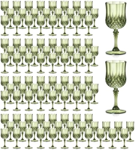XUWAIDSGN 100Pcs Plastic Vintage Wine Glasses 7oz Reusable Embossed Goblet Glasses Pink Retro Wine Glassware Unbreakable Stemmed Champagne Water Cups for Wine Cocktail Juice Wedding (100, Dark Green) by XUWAIDSGN