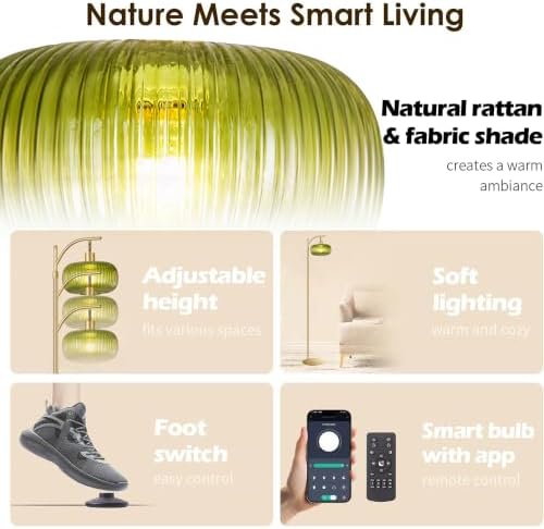 Green Floor Lamp for Living Room, Modern Glass Standing Lamp with Remote, Dimmable Brass Tall Lamp Retro Vintage Glass Tall Lamp Floor Light Boho, 12W LED Bulb Included - Image 3