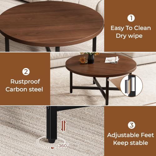 Coffee Table, Round Coffee Tables for Living Room, Floor Table for Sitting on The Floor, Center Coffee Table with Metal Frame for Office Apartment Home (31.5" D Round Walnut) - Image 6