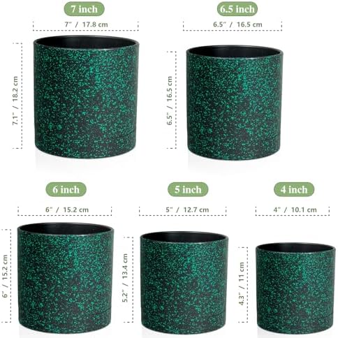 Meowell 7/6.5/6/5/4 inch Plant Pots, 5 Pack Cylinder Flower Pots for Small Indoor Outdoor Plants, Plastic Planters with Drainage Holes and Saucer for Garden Succulent Plants, Black With Green Speckles - Image 2