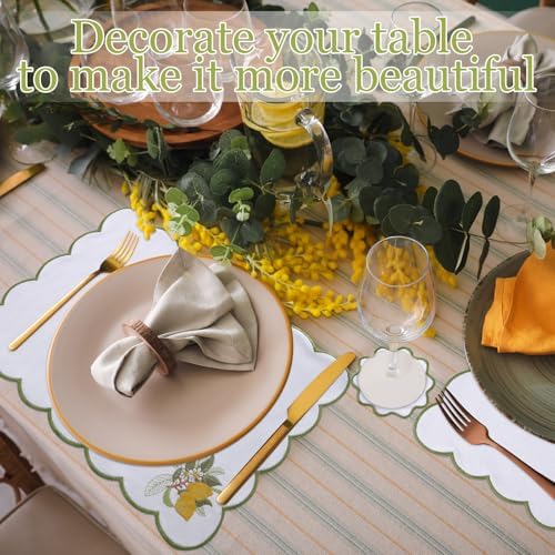 Set of 12 Lemon Cotton Linen Placemats Coaster, 12 x 17 Heat Resistant Embroidery Scalloped Placemats, 4" Summer Kitchen Coaster Double Layered Rustic Dinner Table Decoration(White and Green) - Image 4