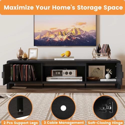 FATORRI TV Stand for 75/65/55 Inch TVs, Mid Century Modern Entertainment Center with Storage, Wooden Television Media Console Cabinet with Fluted-Door for Living Room, Bedroom (63 Inch W, Black) - Image 5