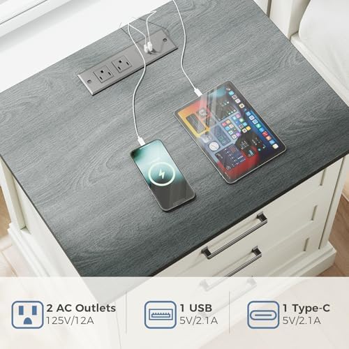 DUMOS Farmhouse Nightstand Set of 2 with Charging Station & USB Ports - Image 3