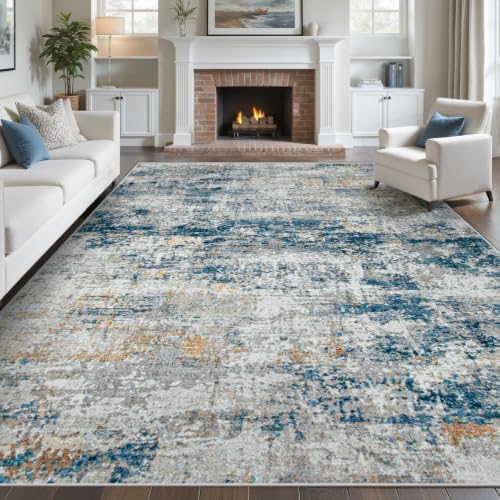 pmtsns Area Rugs 9x12 for Living Room: Washable Rug Modern Abstract Neutral Soft Non-Slip Low-Pile Indoor Large Carpet for Bedroom Dining Room Playroom Home Office (BlueGreyGold, 9'x12') by pmtsns