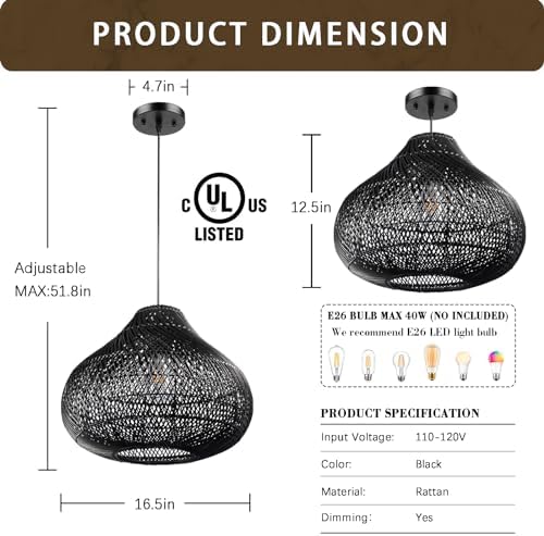 Karjear Black Rattan Chandelier, 16.5 inch Large Wicker Pendant Lights Fixture Hand-Woven Basket Hanging Light for Dining Room Kitchen Island Living Room - Image 2