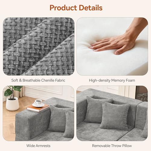 MONVANE Modular Sectional Sofa, Oversized 8 Seat Convertible U Shaped Couch with Ottoman, Comfy Chenille Cloud Couch with Deep Seat, Sectional Couches for Living Room, No Assembly Required, Light Grey - Image 5