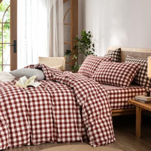BESTOUCH Gingham Cotton Duvet Cover Set Fired Brick Red Full - Image 4