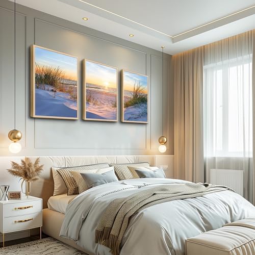 Natural Wood Framed Wall Art for Living Room and Bedroom - Large Size Sun Blue Beach Pictures - Office and Home Decor - Ocean Paintings Set of 3 Piece Framed Art Prints - Image 3