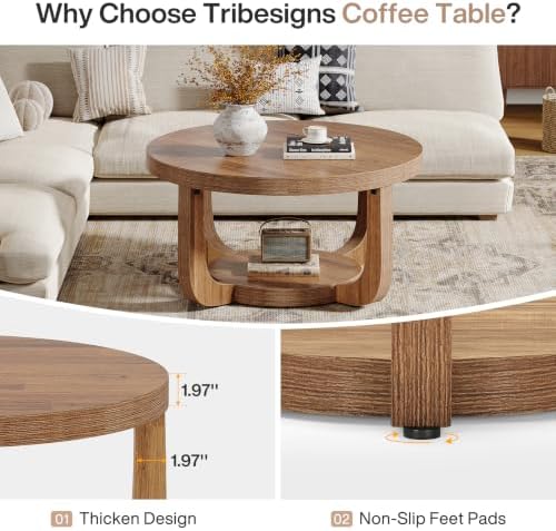 Tribesigns Round Coffee Table, 2-Tier Circle Coffee Table with Storage, Modern Wooden Accent Center Table for Living Room, Thick Tabletop & Base (Rustic Brown) - Image 5