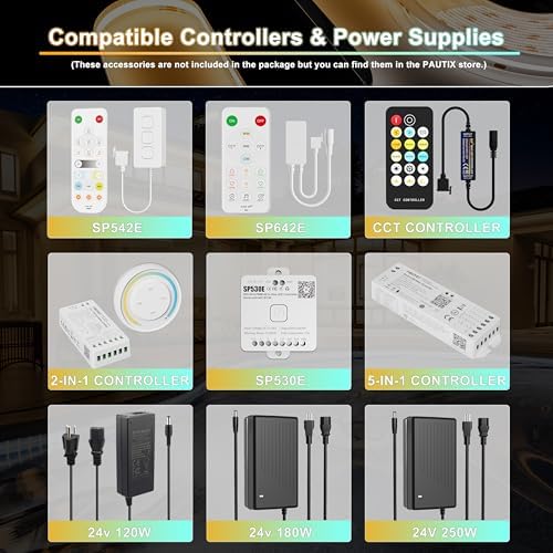 PAUTIX COB LED Strip Light CCT Tunable White IP65 Waterproof,CRI90+ 16.4ft/5m 2700K-6500K Dimmable 24V LED Tape Light,for Under Cabinet Bedroom Kitchen DIY Lighting(Adapter&Controller NOT Included) - Image 7