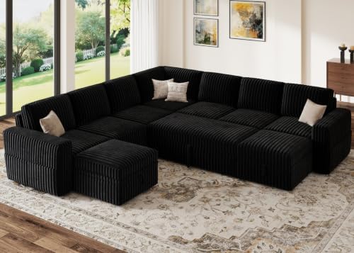 HONBAY Modular Sectional Sleeper Sofa with Pull Out Bed Oversized Corduroy L Shaped Sofa Bed with Storage Couches for Living Room,Black by HONBAY