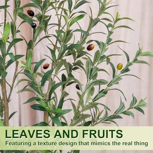 7FT Artificial Olive Tree Indoor with White Pot Tall Planter, Faux Olive Tree with Natural Wood Trunk and Lifelike Fruits for Home Office Living Room Decor - Image 3