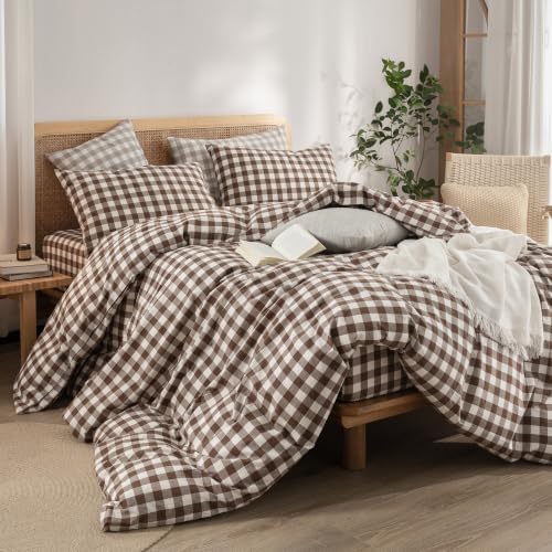 BESTOUCH Gingham Cotton Duvet Cover Set Cocoa Brown Full - Image 5