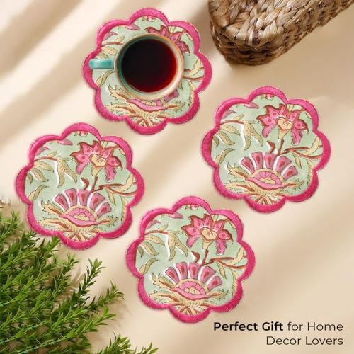 Ridhi 8-Pcs 100% Cotton Hand Block Print Drink Coasters 5" in Pistachio Green - Image 5