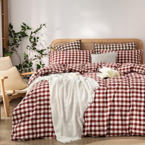BESTOUCH Gingham Cotton Duvet Cover Set Fired Brick Red Full by BESTOUCH