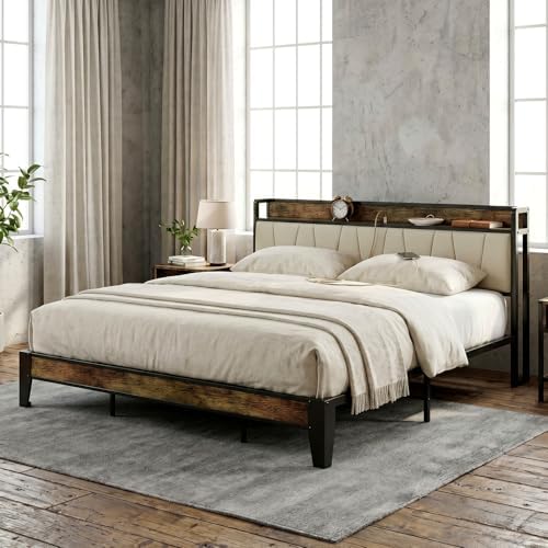 LIKIMIO King Bed Frame, Storage Headboard with Charging Station, Solid and Stable, Noise Free, No Box Spring Needed, Easy Assembly (Walnut and Beige) - Image 3