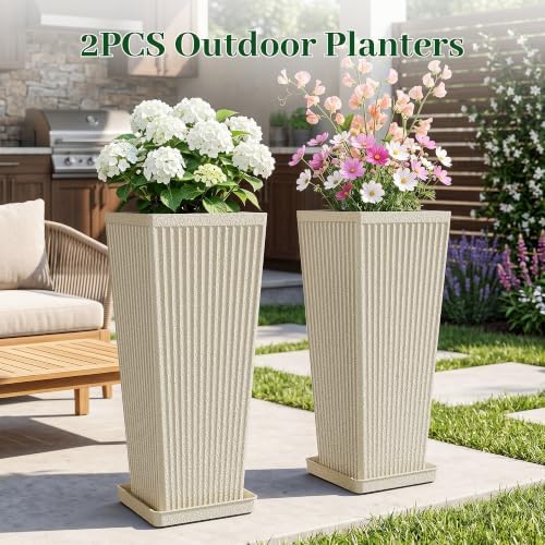 24" Tall Planters for Outdoor Plants with Tray Set of 2 Resin Beige - Image 5