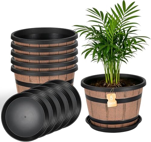 Whiskey Barrel Planters 12 Inch, 5 Pack Plastic Pots with Wood Design by Unknown