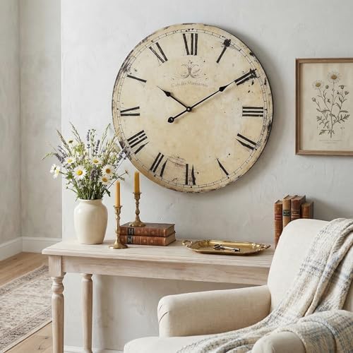 24 Inch Vintage Yellow Wall Clock, Farmhouse Silent Non-Ticking Battery Operated Wall Clocks, Large Roman Numeral Dial Decorative Round Wall Clock for Living Room, Kitchen, Office - Image 6