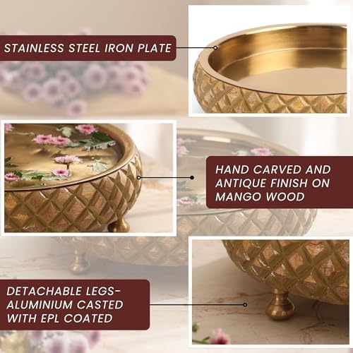 Ritualistic Chitra Handcarved Wooden Urli Bowl 11.5" Diameter | Mango Wood with Geometric Barfi Carving & Detachable Legs | Floating Candles, Flowers & Festive Décor | Diwali Housewarming Premium Gift - Image 5