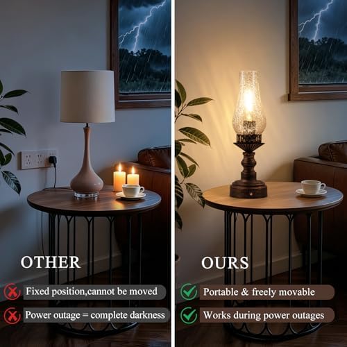 Vintage Touch Control Cordless Table Lamp, Rechargeable Rustic Table Lamp, Battery Operated Portable Retro Table Lamp, 3-Color Dimmable for Bedroom, Nightstand (Transparent) - Image 3