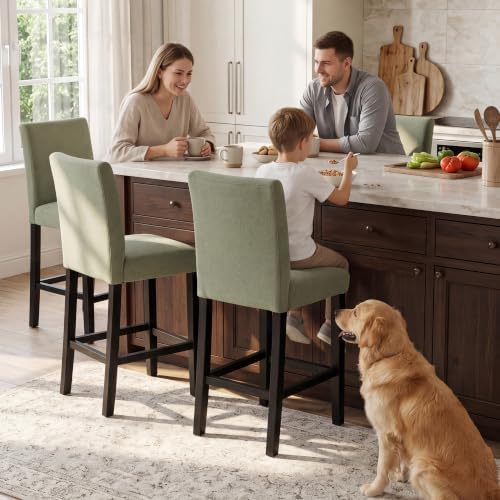 GOTMINSI 24 Inches Bar Stools, Modern Upholstered Counter Height Chairs, Solid Wood Legs Barstools with Back (Green, 4PCS) - Image 5