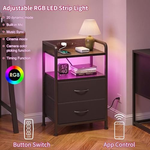 Fixwal Black Led Nightstand, Rear Charging Station, 2 Fabric Drawers - Image 4