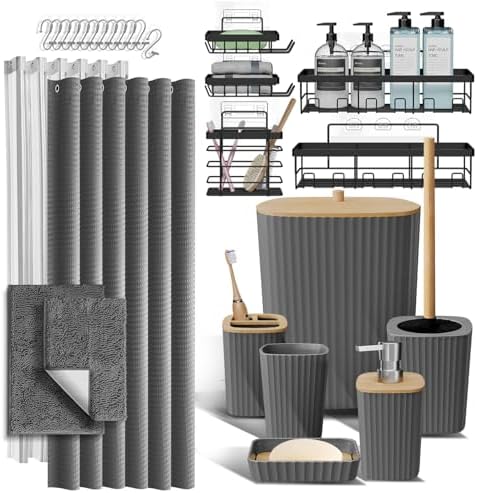 Clara Clark Bathroom Accessories Set - 27PC Bathroom Set with Adhesive Corner Shower Caddy Hanging, Bathroom Sets with Shower Curtain and Rugs, Grey Shower Curtain Set with Bathroom Trash Can by ClaraClark