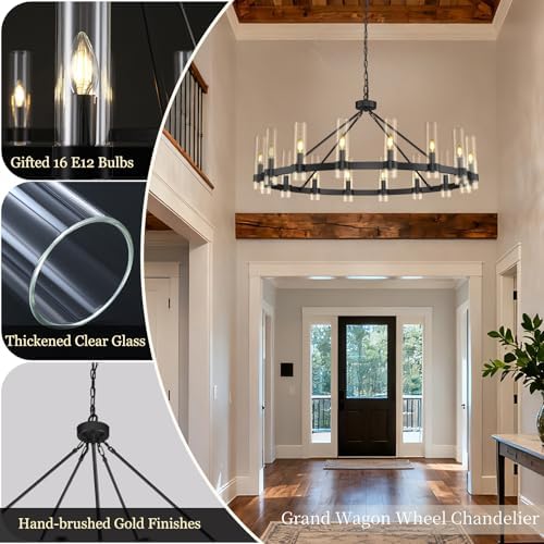 Black Wagon Wheel Chandelier, 48" Modern Chandeliers with Glass Shade, 16-Light Large Chandelier for High Ceiling, Farmhouse Chandeliers for Dining Room, Living Room, Foyer, Stairway(Bulbs Included) - Image 3