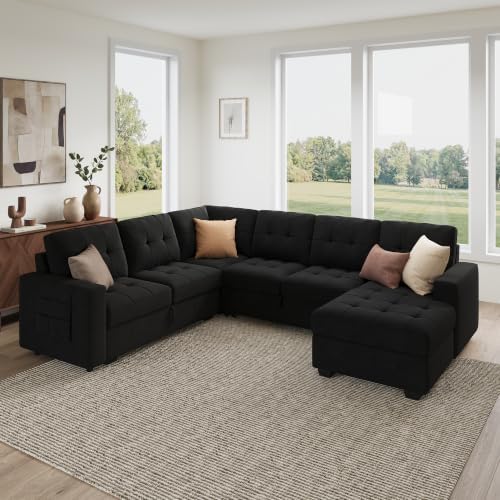 HONBAY Modular Sectional Sleeper Sofa with Pull Out Bed, U Shaped Sleeper Couches with Storage Chaise, 114'' Sleeper Sectional Sofas for Living Room, Apartment (Velvet Black) - Image 2